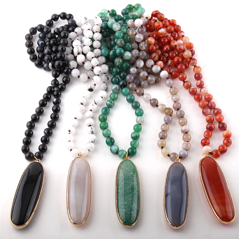 

Fashion Bohemian Jewelry Agat Stones Knotted Long Drop Stone Pendant Necklaces For Women Ethnic Necklace
