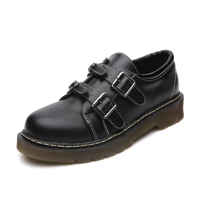 Retro Black Pumps Shoes Women Double Buckles British Style Round Toe Genuine Leather Shoes Low Wedges Mary Janes Shoes 