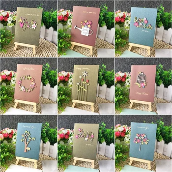 

9 Pcs Wooden Flowers Greeting Cards Word Message Wishes Blank Cards With Envelopes Cards Birthday Wedding Invitation Gifts Cards