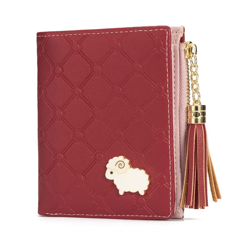 New Women Lamb Cartoon PU Leather Short Wallet Small Card Bag with Tassel