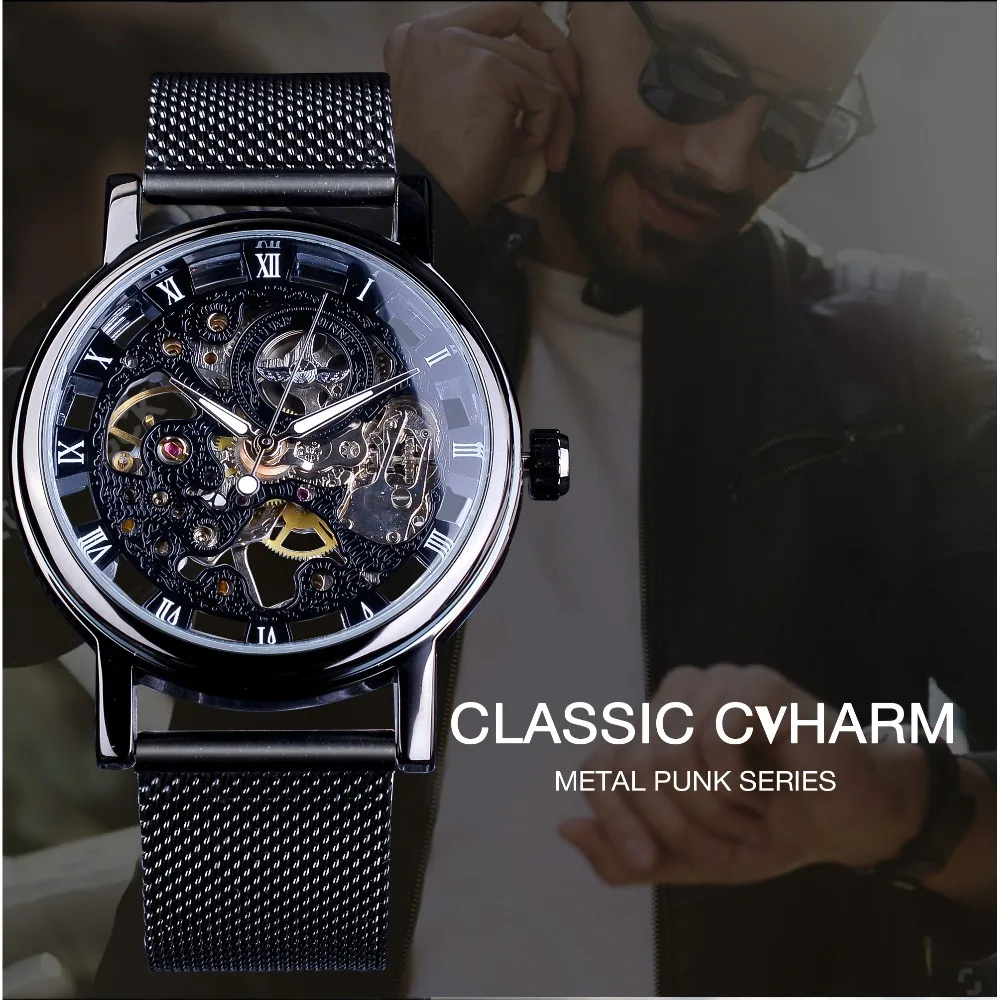 Winner Stainless Steel Mesh Band Transparent Classic Thin Case Hollow Skeleton Mens Male Mechanical Wrist Watch Top Brand Luxury - Image 2