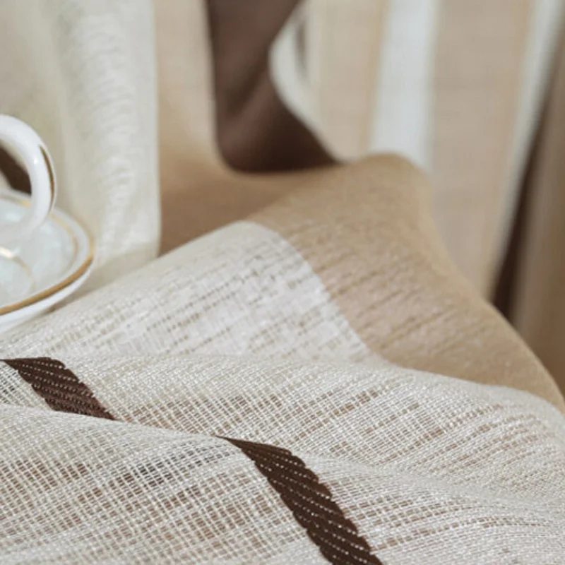 Koop Moderne Korte All Match Vlas Gordijnen Stof Venster Voor Gestreepte Koffie Luxe Tulle Decoratieve Gordijnen Voor Woonkamer AP222   20