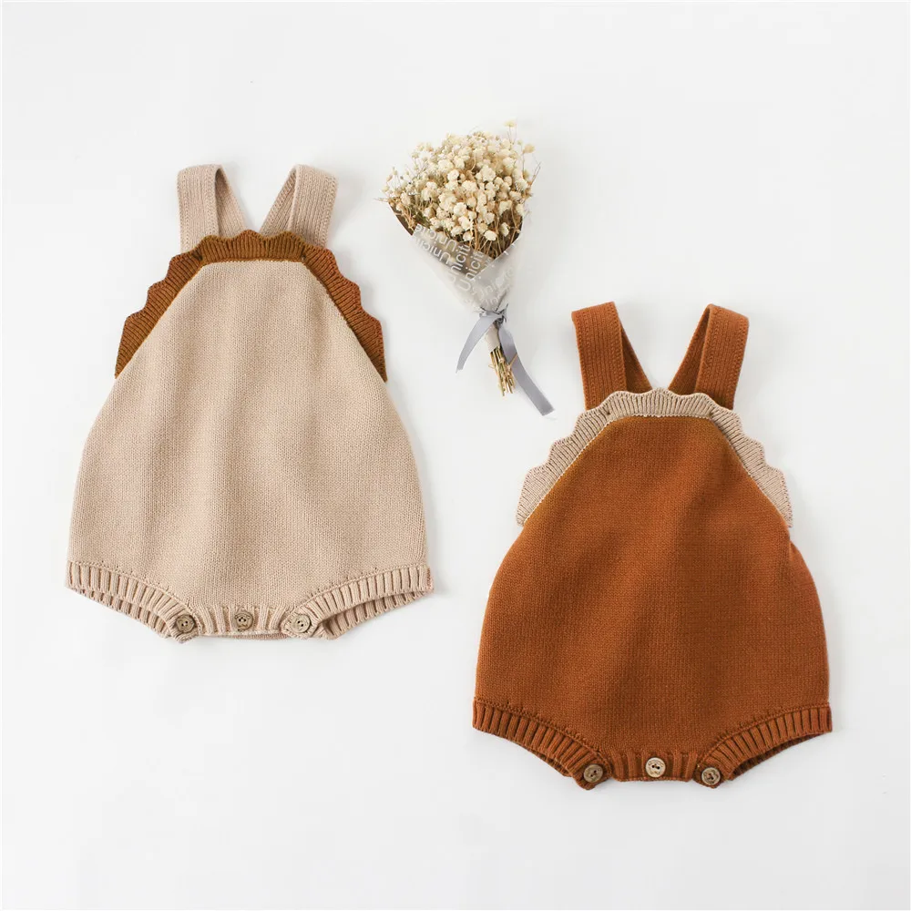 

Baby Knitted Wool Button Rompers Autumn Winter For Newborn Baby Girl Collar Cute Shell Sleeve Romper Jumpsuit Infant