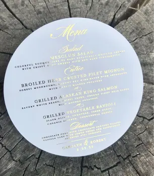 

Bespoke Gold Foil Print/Rose Gold/Silver Foil Round Menu Card 183mm Diameter