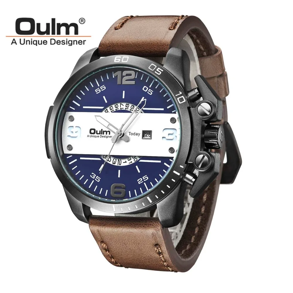 

Oulm Brand Mens Watches PU Leather Strap Wrist Watch Big Dial Japan Quartz Clock Auto Date Military Watch Luxury Timepiece New