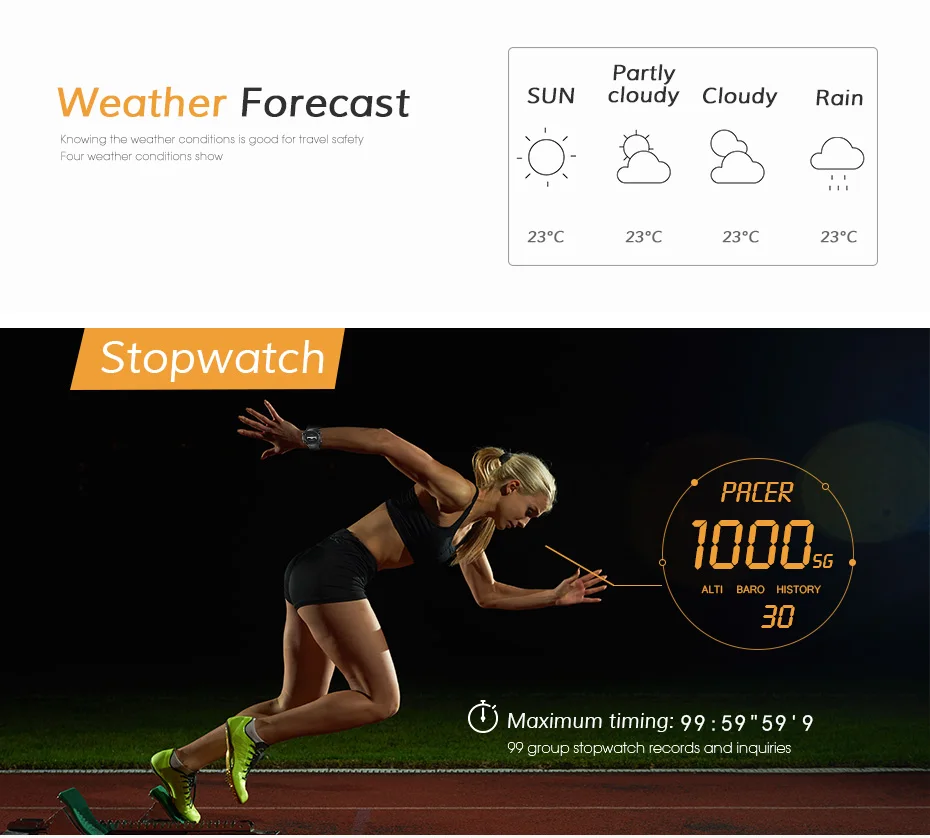 Homens e Mulheres de Esportes Esportes de Fitness Esportes ao ar de Fitness Pedômetro Eletrônico Relógio Bluetooth Superfície Livre Relógio Termômetro Barômetro Altímetro 9 Esporte e Lazer
