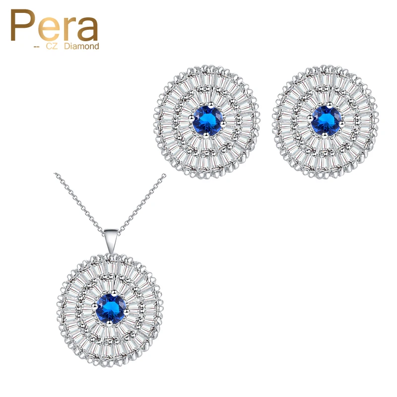

Pera Fashion 925 Sterling Silver Jewelry Royal CZ Stone Blue Swiss Cubic Zirconia Pendant Necklace Earrings Sets For Women J107