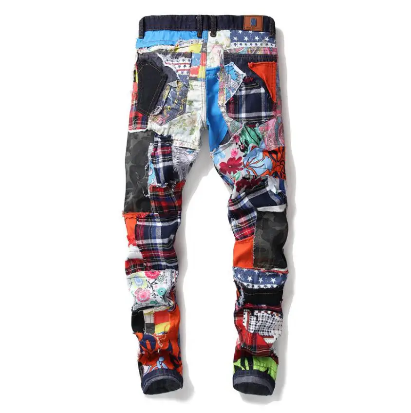 Mens Patchwork Ripped Denim Jeans Fashion Slim Colored Patch Buttons Fly Straight Pants Male Casual Denim Trousers J2974