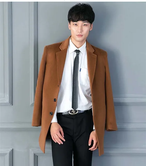 Brand Korean Fashion Men's Woolen Coat Medium Length
