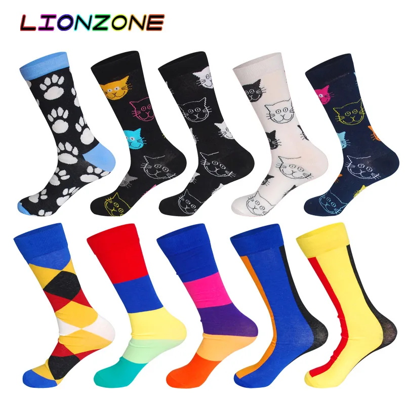 10 Pairs/Lot Men Socks Combed Cotton Brand Animal Cats & Straight