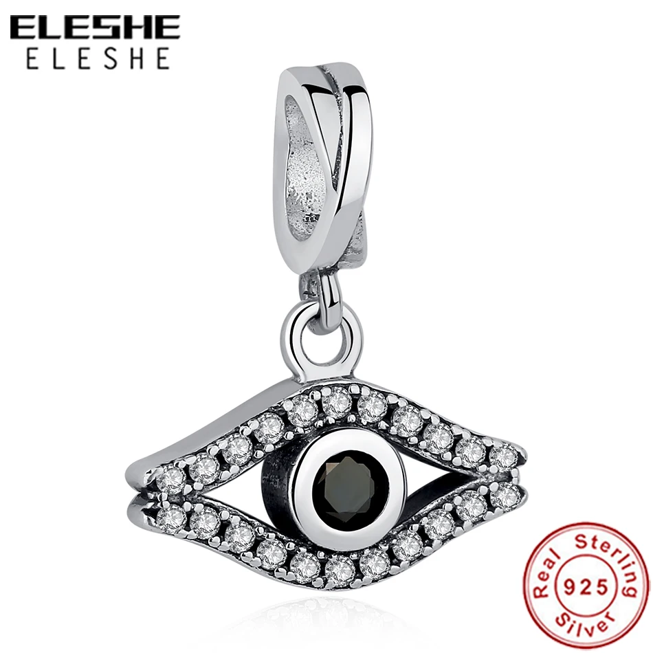 

ELESHE Authentic 925 Sterling Silver Beads Crystal Black Eye Pendant Charms Fit Original Bracelets Bangles DIY Fine Jewelry Gift