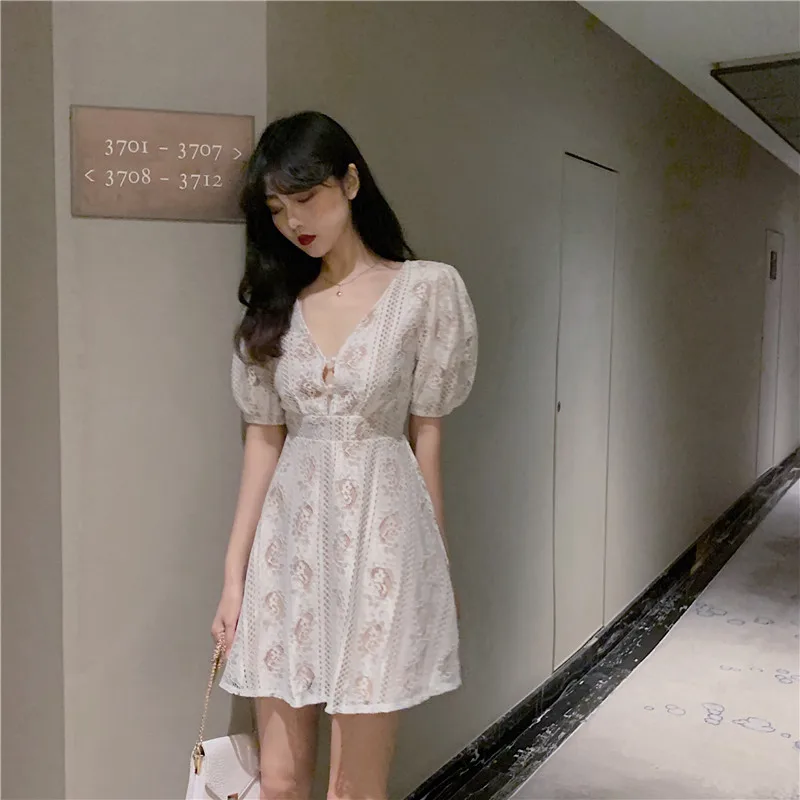 lace Women's Clothing dresses vintage v-neck hollow out summer dress woman Low-cut fashion brand puff sleeve vestidos verano new