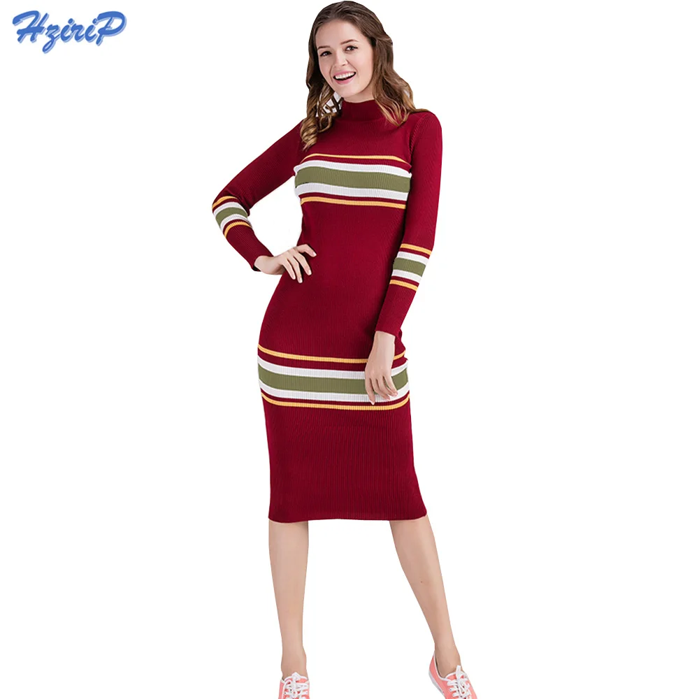 HziriP Autumn Winter 2017 Bodycon Knitted Sweater Dress Striped Slim