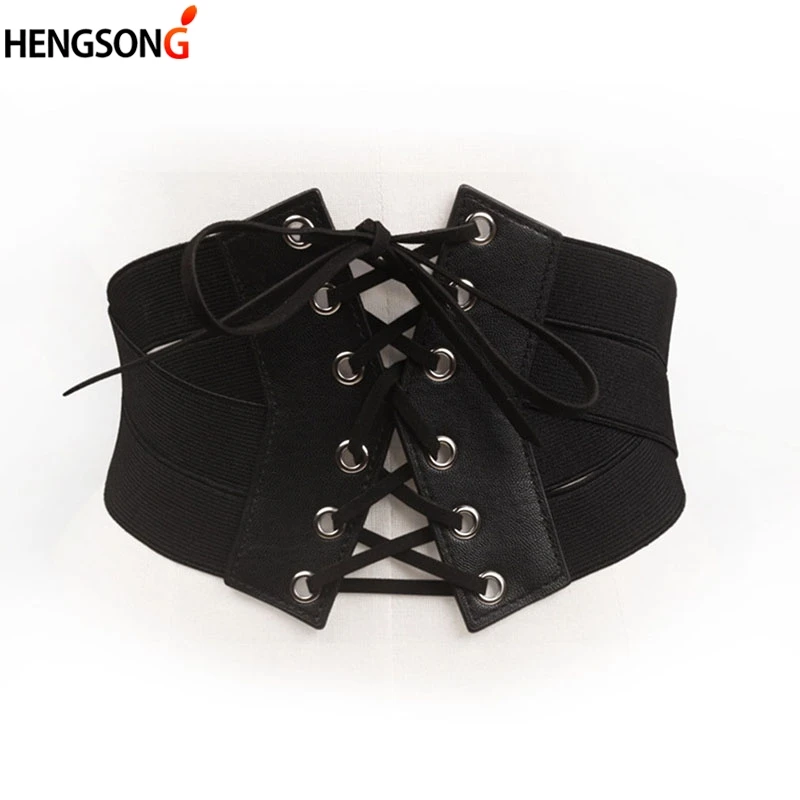 

PU Leather Lace Up Bandage Belt Women Wide Belt Black Wide Waist Band Elastic Stretch Cross Wide Belt Clothing Dress Belt