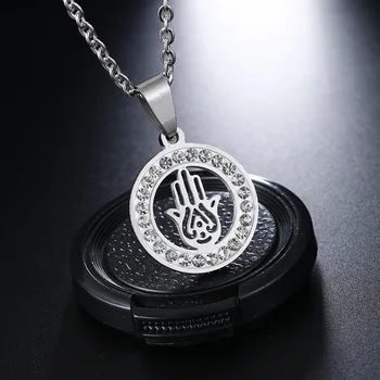 

Stainless Steel Luck Hand Of Fatima Hamsa Necklace For Women Geometric Round Crystal Pendant Necklace Custom Jewelery Gift
