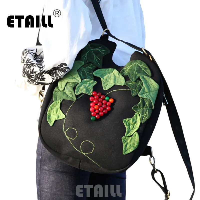 

ETAILL Chinese National Tide Beading Grape Appliques Backpack Women Vintage Female Travel Backpack Bag College Girl School Bag