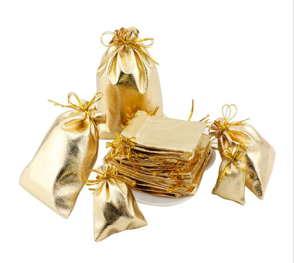 

10pcs/lot 11x16 13x18 15x20 17x23cm Golden/Silver Color Drawstring Organza bag Christmas Wedding Gift Jewelry Packaging bags