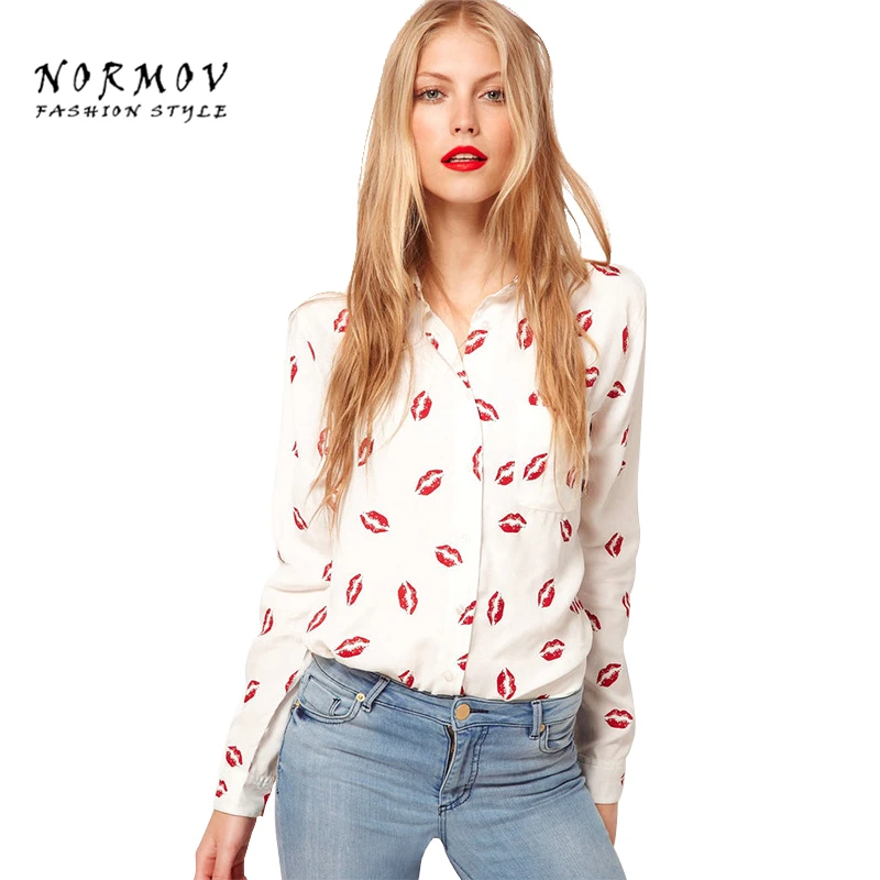 

NORMOV S-XL Big Size Office Shirt Blouse 2017 Fashion Red Lips Printing Long Sleeve Chiffon Tops Lady Blusas Mujer De Moda 2017