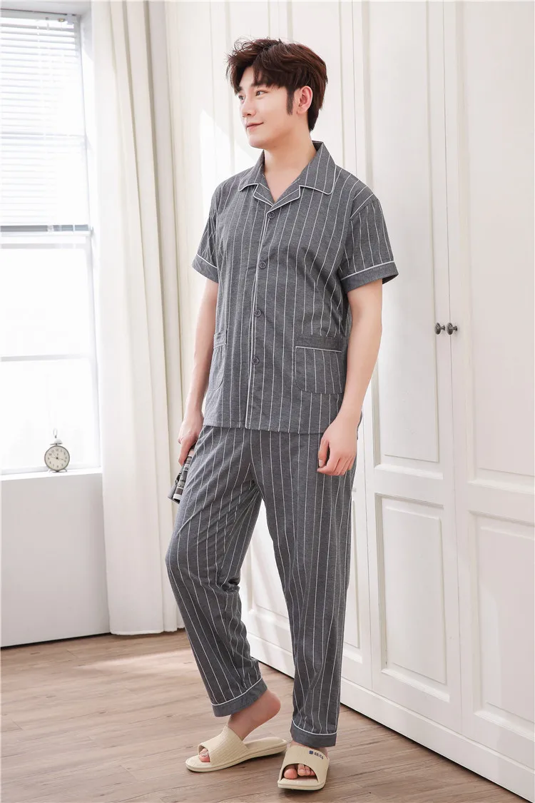 Мужские пижамные наборы Turn-Down Воротник Полосатый однобортный с коротким рукавом для отдыха карманы набор Мужские большеразмерные