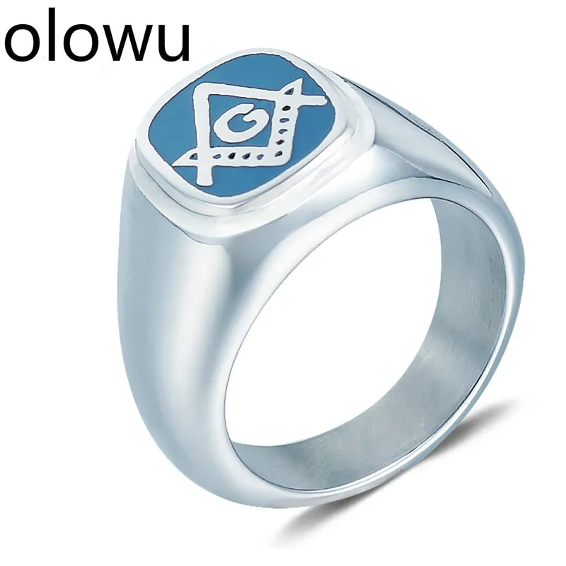 Olowu Для мужчин кольца Новое поступление уникальный Нержавеющая сталь масонское кольцо из Серебра Голубой цвет масон, Масонство кольца для Для мужчин