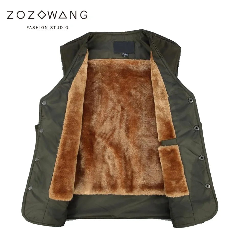 Zozowang autumn winter new high quality brushed short vest men plus size solid casual v neck loose multi pocket waistcoat men 