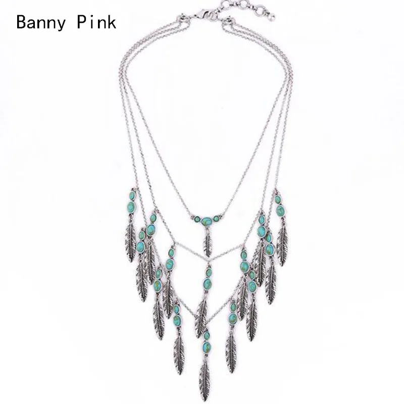 

Bohemia Alloy Leaf Tassel Pedants Necklaces For Women Ethnic Synthetic Stone Multi Metal Chains Necklace FashionJewelry Colliers