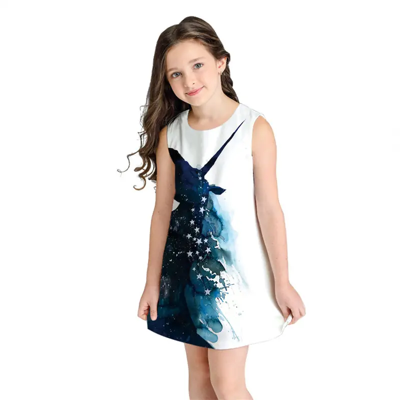 

2019 Kids Girls Summer Dress Space Galaxy Print Sleeveless Mini Beach Dresses Princess Party Dress Children Clothing 8 9 10 Year