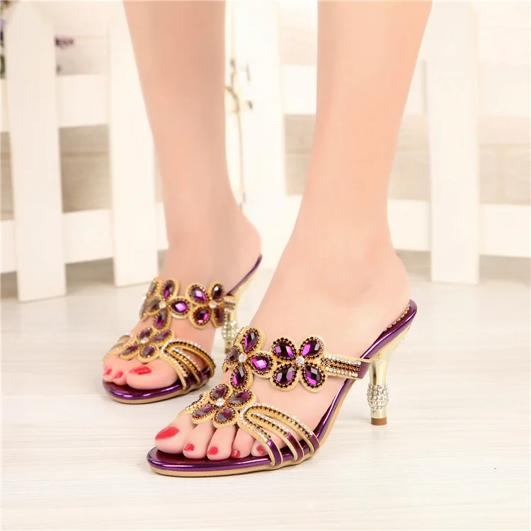 G-sparrow 2018 Women Summer Fashion Diamond High Heeled Slippers Ladies Crystal Peep Toe Shoes Golden Purple Black 8cm6