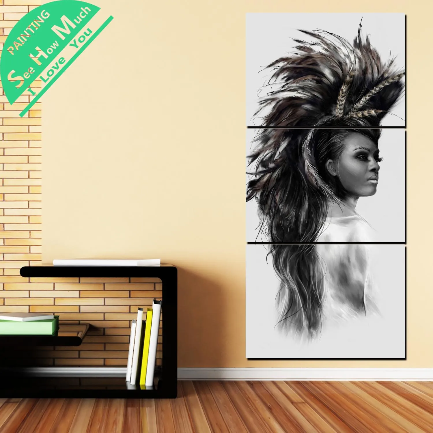 дешево! 3 Шт. Девушка под павлиньими перьями Wall Art HD Печатные Холст Картины с Картинками Украшения для Лучший!