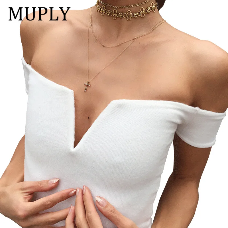 

2018 Brand T Shirt Women Off Shoulder Party Bustier Crop Tops Black White Ribbed T-shirt Kyliejenner Sexy Tee Shirt Femme SA002