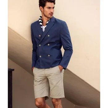 

2018 Latest Coat Pant Designs Navy Blue Double Breasted Men Suit Short Pant Summer Beach Custom 2 Piece Herren Mens suits Tuxedo
