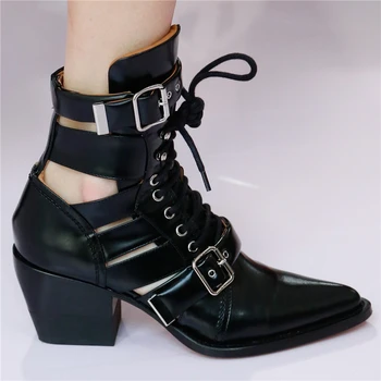 

YD-EVER Ankle Boots For Women High Heels Female Lace Up Shoes Woman Buckle Pointed Toe Short Boots Ladies Footwear
