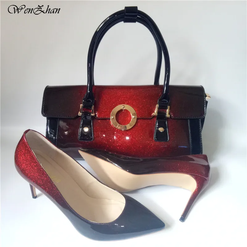 

WENZHAN Women's High Heels Women Sexy Pumps With Handbag Sets Bright Skin Pointed Toe Shoes Matching Women Gripesack A711-10