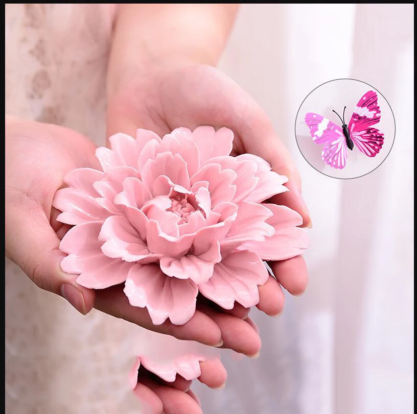 Pastoral 3D Ceramic Flower Wall Sticker Crafts Restaurant Bar Wall Hanging Ornaments Home Livingroom Mural Decoration Art