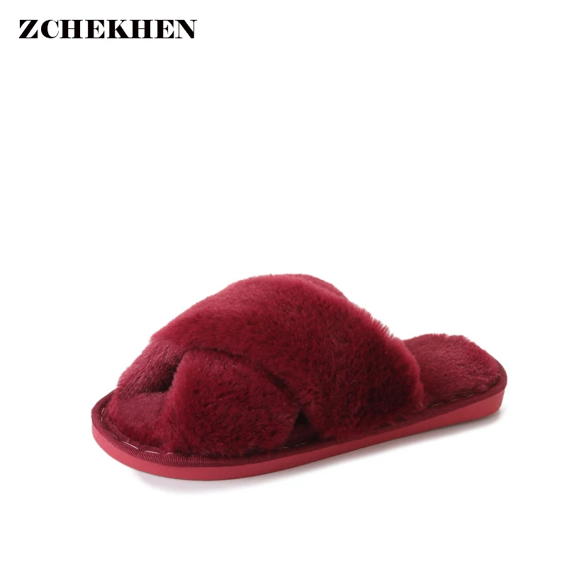 

Winter Fashion Women Home Slippers Faux Fur Warm Shoes Woman Slip on Flats Female Fur Flip Flops Pink Plus Size 36-41