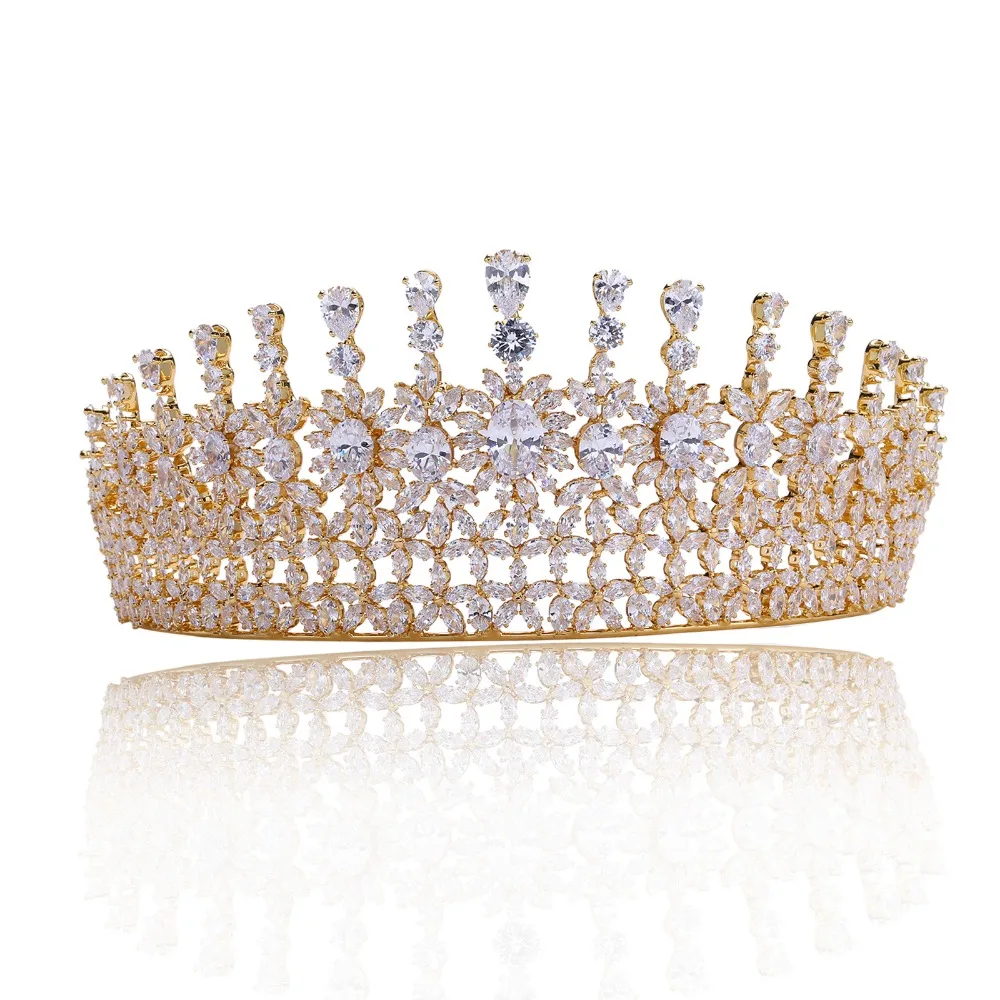 

Stunning Crystals Copper Alloy Cubic Zircon Full Round Wedding Tiara CZ Bridal Queen Princess Pageant Party Crown Bridesmaids