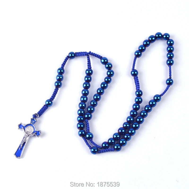 Мужские Плетеные четки из гематита St Benedict Cross черные и синие Бусины|rosary necklace|8