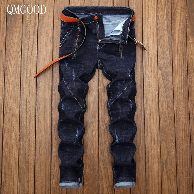 

QMGOOD 2017 New Casual Men's Jeans Slim Fit Men Pant Personality Pockets Fashion Jeans Men Straight Plus Size 28~36 Hombre