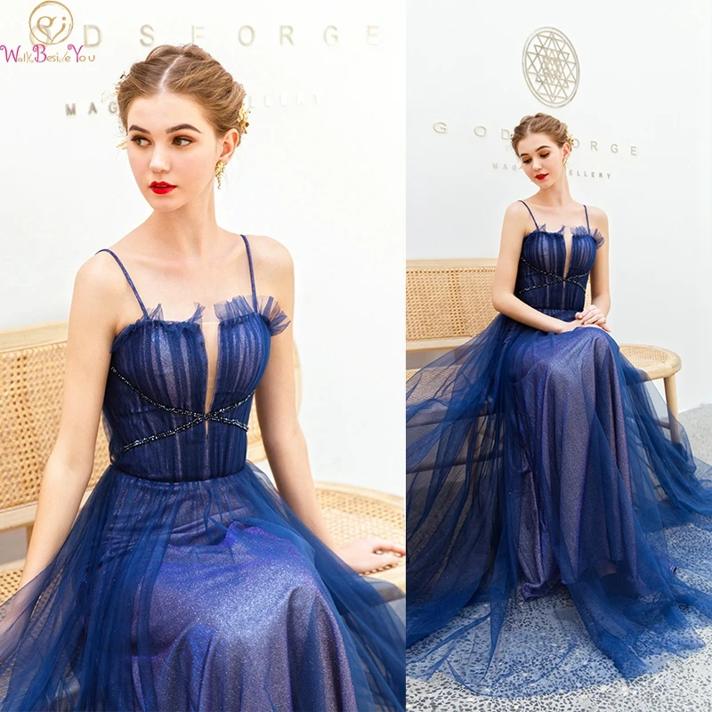 

2019 Elegant Navy Blue Formal Party Prom Dresses Long vestidos de gala Spaghetti Straps Evening Graduation Gowns Walk Beside You