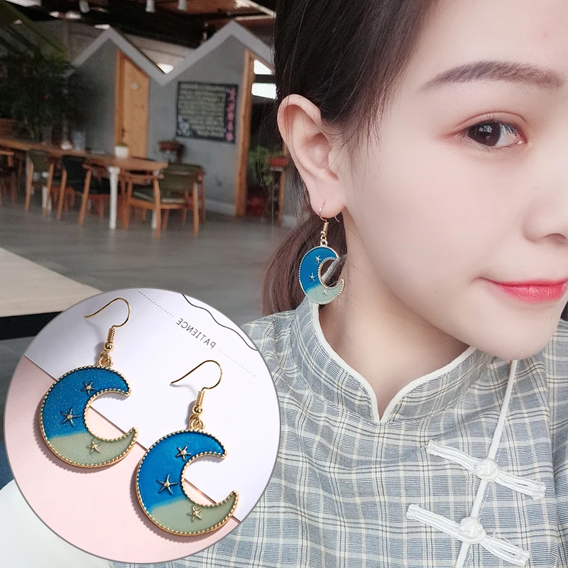 

New Creative Blue Universe Starry Sky Moon Earring Planet Suspension Drop Earrings for Women Fashion Ear Jewelry Girls Gifts