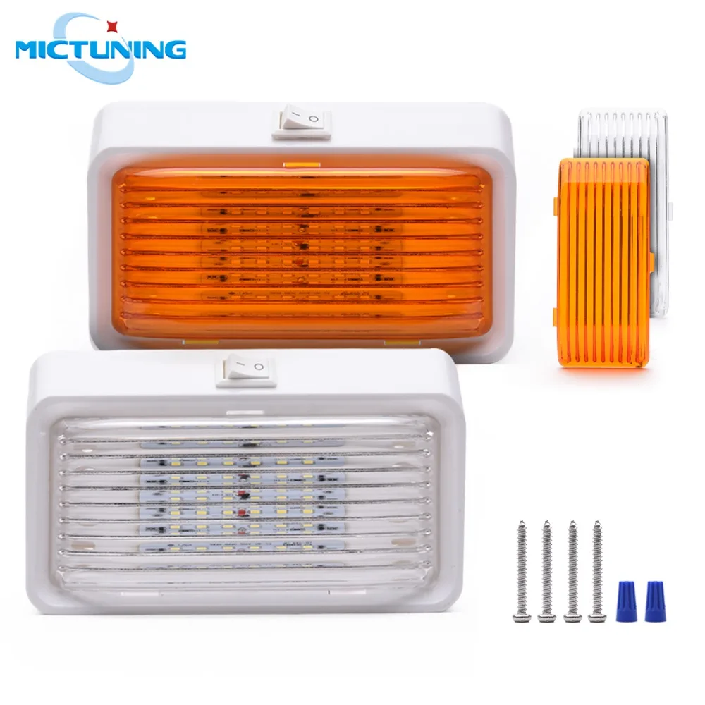 

MICTUNING 2pcs LED RV Porch Utility Outside Light Fixtures with On/Off Switch & Removable Lens White/Amber Lamps Car Accessories
