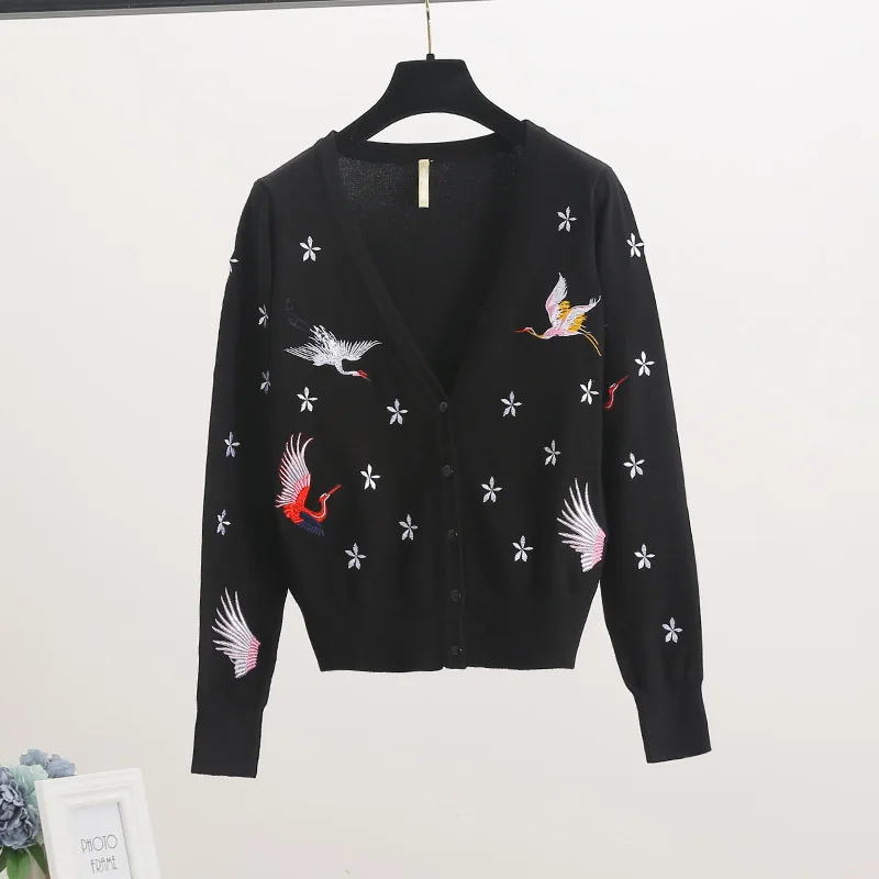 Autumn Spring Women Sweater Embroidery Pattern All-match Jacket Coats Long Sleeve Short Knitting Cardigans B-179