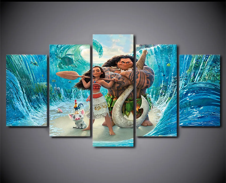 Canvas Printed 5Piece Moana Painting Ocean Romance Movie Wall Pictures ...