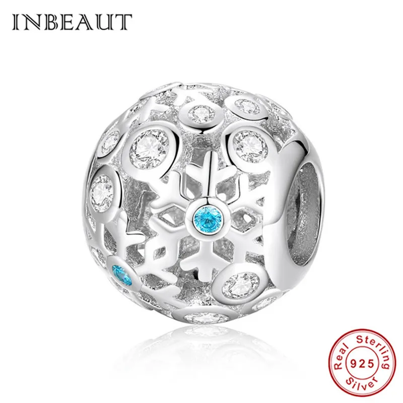 

INBEAUT Winter Trendy 925 Sterling Silver Round White CZ Snow Carved Charm Christmas Snowflake Beads fit Pandora Bracelet Gift