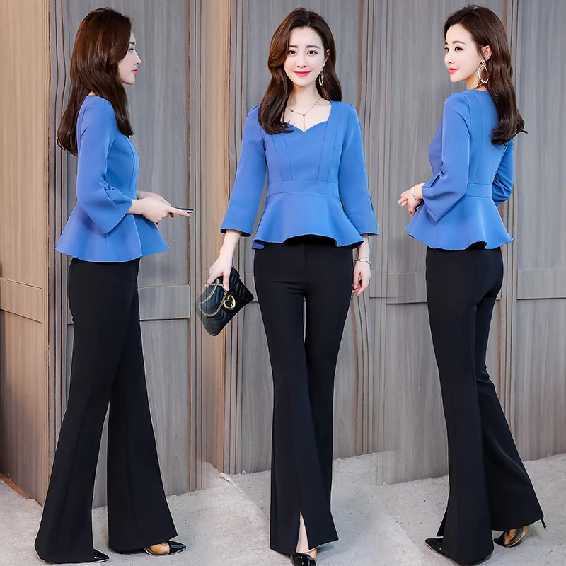 2021 Spring Pant Suits 2 Piece Set For Women Tops Blouse And Long Flare Trousers Office Lady |
