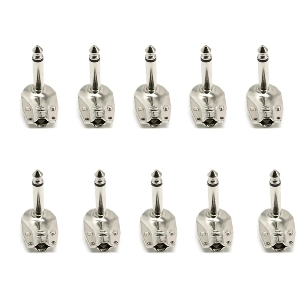 10Pcs Silver 6.35mm Mono Right Angle Guitar Plug Flat Male To Female Connector