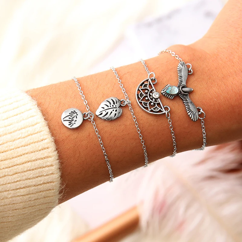 

Crazy Feng Boho Bracelets Vintage Siver Color Beach Tree Hollow Moon Chain Bracelets Set For Women Bohemian Pulseras Jewelry
