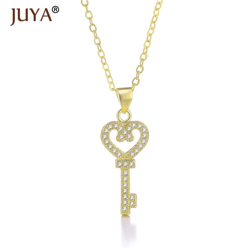 fashion statement necklaces for women Luxury Jewelry Copper Zircon Rhinestone Key Pendants Necklace Silver Femme - Metal Color: gold