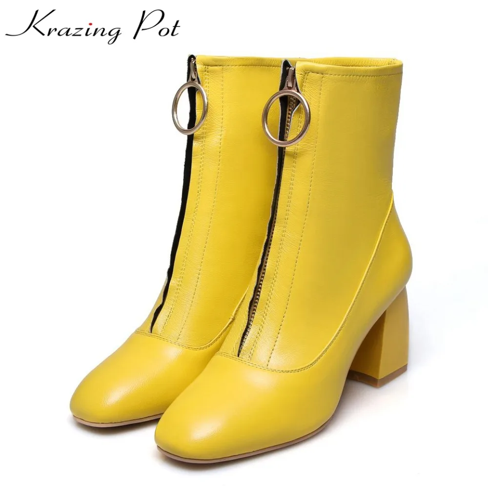 Krazing Pot genuine leather sheep skin thick high heels square toe zipper boots women superstar party western mid-calf boots L17
