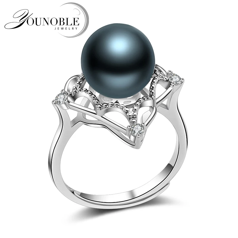 Wedding Black Pearl Rings Women,Real Round Tahitian Natural Pearl Ring